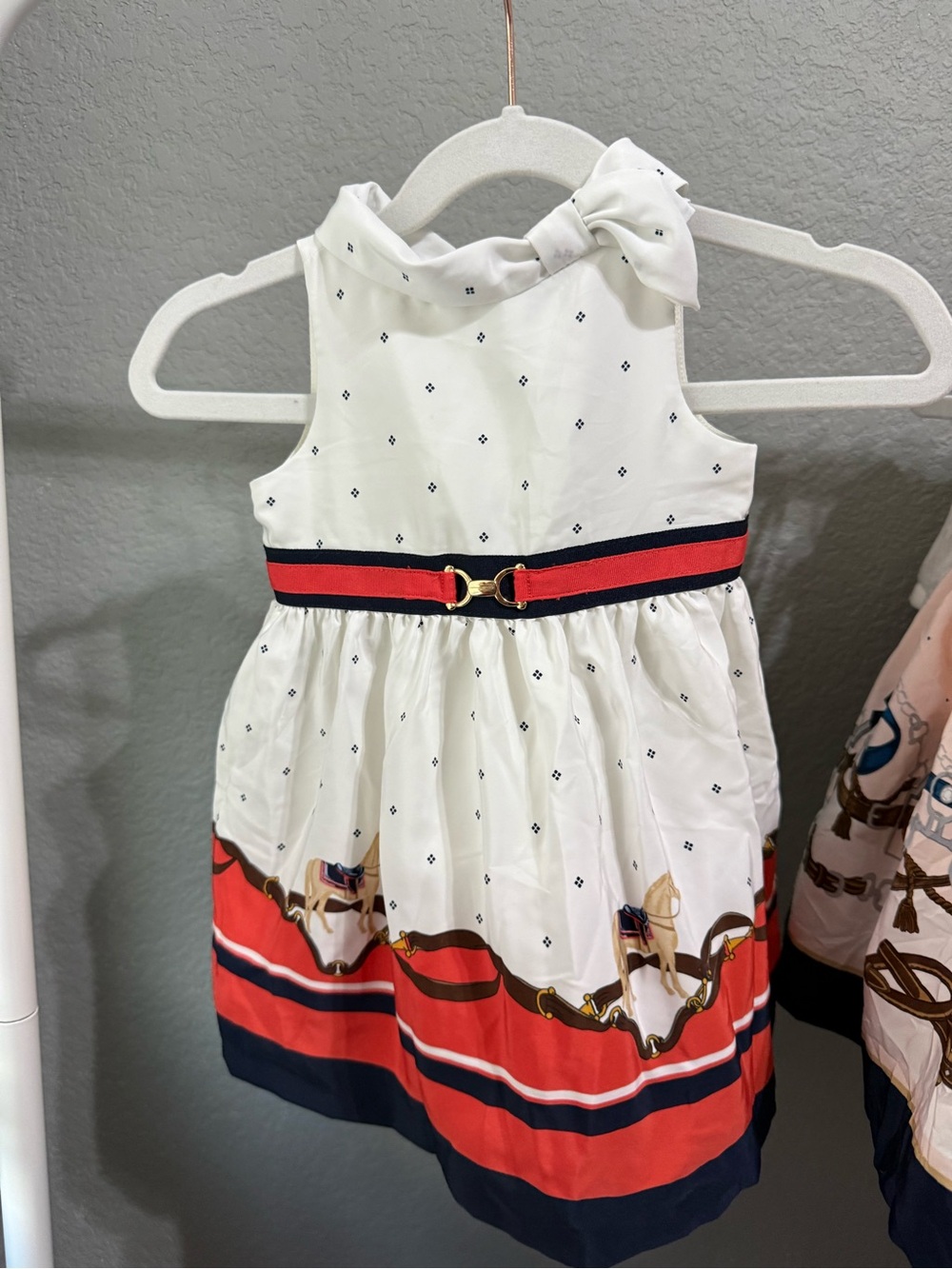 Janie and Jack White Navy Red Bow-Shoulder Belted Equestrian Horse Dress